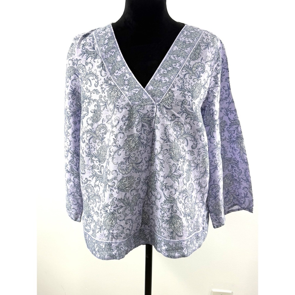 J Jill Love Linen Top Womens Large Purple 3/4 Sleeve Paisley‎ Linen Coastal Boho
